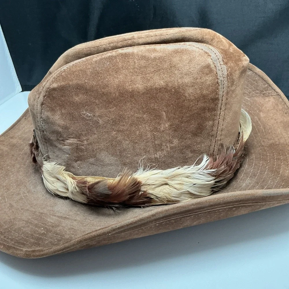 Vintage Longhorn by YA XL Cowboy Hat Distressed Brown Cotton Rayon Feather Band